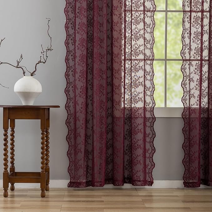 YJ YANJUN Vintage Lace Curtains 72 Inch Length -Dark Maroon Curtains for Bedroom Retro Floral Voile Sheer Panels with Scalloped Edge Rod Pocket Privacy Farmhouse 60s 70s Decor Burgundy W52 X L72