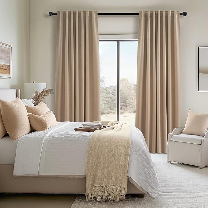 Topfinel Blackout Linen Blend Curtains 84 inch Long 2 Panels,Back Tab with Hooks,Light Blocking Thermal Insulated Draperies Modern Farmhouse Textured Curtains for Living Room Dining Room,Tan Camel