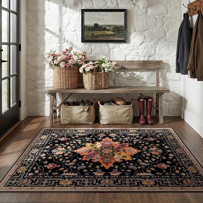 Area Rugs 5'x8' Washable Non-Slip, Floral Vintage Distress Print Pattern Medallion Carpet for Living Room Bedroom Dining Room, Black Colorful Floral Dark Tan