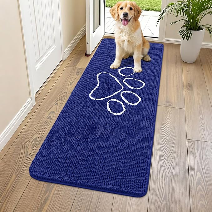 Smiry Dog Door Mat for Muddy Paws, Absorbent Dirt Trapper Non Slip Quick Dry Washable Chenille Mat for Mud Dogs, Entry Rug for Indoor and Outdoor (59x24 Inches, Navy Blue and White)