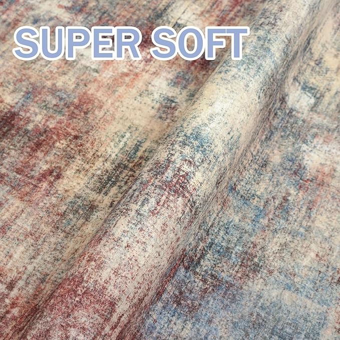IOHOUZE Abstract Area Rugs 5x7 Ft Washable Rugs for Living Room, Non Slip Dining Room Rug, Printed Faux Wool Rugs for Bedroom, Floor Carpet for Kitchen Nursery Playroom, Red/Multi