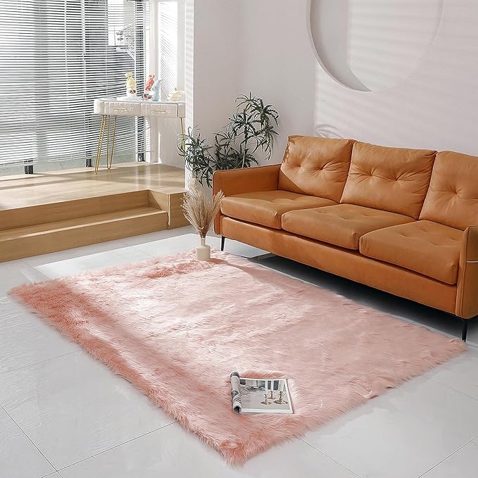 linmopm Faux Fur Rug Sheepskin Shag Fluffy Fuzzy 5x7 ft Pink Rugs for Bedroom Bedside Bed Floor Living Room Plush Rectangle High-Density Cushion Carpet Super Sofa Cover