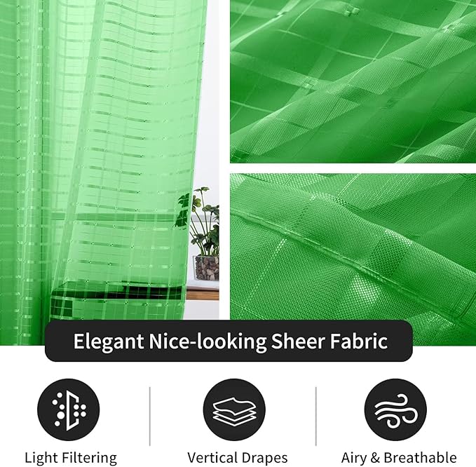 SpaceDresser Check Sheer Curtains 54 Inches 2 Panels Set, Rod Pocket Plaid Window Curtain for Living Room, Green Semi Sheer Drapes for Kitchen Bedroom Children Room Yard（Green, 52W x 54L）