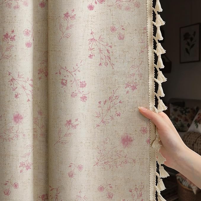 Boho Floral Spring 100% Blackout Curtains 84 Inch Length 2 Panels Set, Linen Texture Farmhouse Curtains with Beige Tassel for Living Room Bedroom, Vintage Rustic Rod Pocket,Pink
