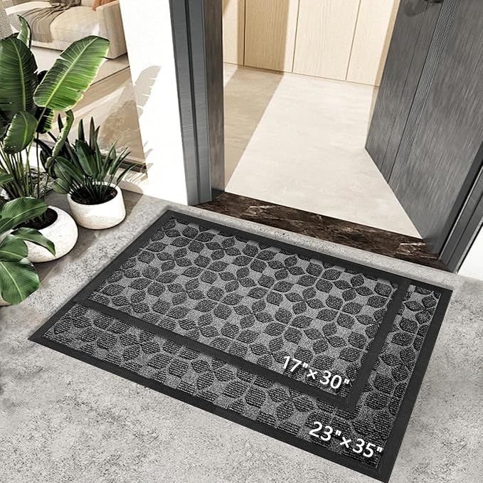Bulijojo Sturdy Front Entrance Doormats,Durable Heavy Duty Welcome Mat,Thick Absorbent Natural Rubber Non Slip Mat,Easy Clean Entryway Mat Geometric Grey 23"x35"