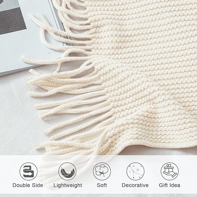 lifein Throw Blanket for Couch, Soft Boho Decor Bed Throw,Cozy Blue Chenille Knitted Small Farmhouse Lightweight Throw for All Season(Off White,50 * 60")