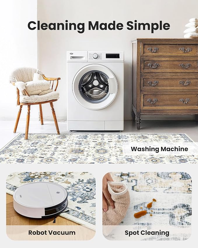 AMADA HOMEFURNISHING 5x7 Area Rugs, Washable Living Room Rug Low-Profile with Non-Slip Backing & Durable Edge Binding, Vintage 5x7 Rugs for Living Room, Bedroom, Dining Room
