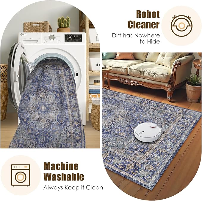 Washable Area Rug 3' x 5 ' Vintage Traditional Persian Mat - Foldable Distressed Non-Slip Machine Washable Carpet for Living Room Bedroom Kitchen Home Decor - Indigo and Gold