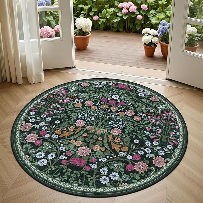 Round Area Rug for Living Room: 4 ft Floral Washable Circle Rug Soft Boho Non-Slip Carpet Indoor Stain Resistant Low Pile Small Circular Rug for Bedroom Entryway Kitchen Nursery Home Office Dark Green
