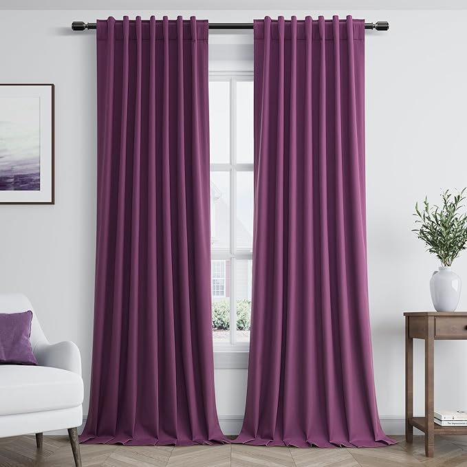 Guken 100% Blackout Curtains 84 Inch Length 2 Panels Set for Living Room Bedroom Back Tab Thermal Insulated Black Out Linen Drapes Room Darkening New Purple,52x84