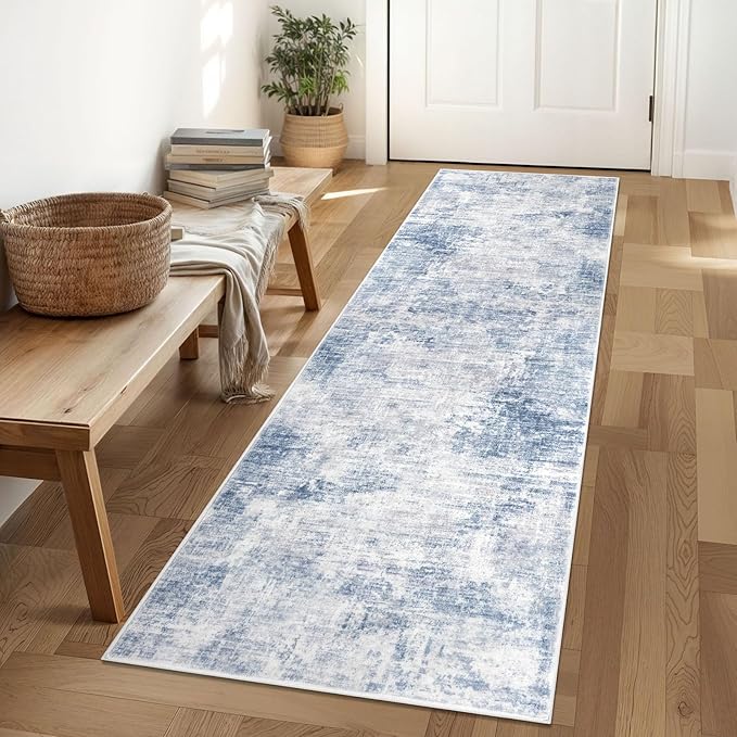 IOHOUZE Abstract Runner Rug 2x6 Ft Washable Runners for Hallways, Non Slip Kitchen Runner Printed Faux Wool Entryway Runner Indoor, Modern Abstract Floor Carpet for Hall Bedroom, Light Blue Grey
