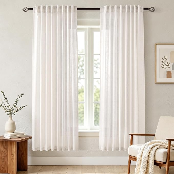 Cream Linen Curtains 72 inch Long 2 Panel Set for Living Room Back Tab Rod Pocket Semi Sheer Light Filtering Bedroom Window Curtain 72 inch Length Modern Farmhouse Neutral Ivory Linen Drapes 60x72
