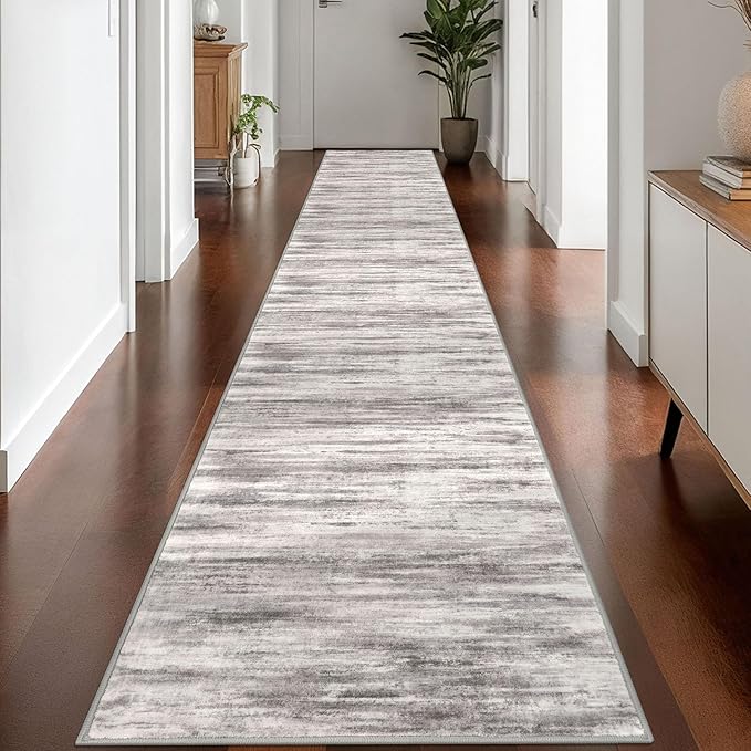 KOZYFLY Modern Abstract Washable Rug Runner 2.6x16 Hallway Rug Runner Non-Slip Soft Kitchen Runner Rugs, Grey/Light Beige/Brown Striped Carpet for Stair Entryway Bathroom