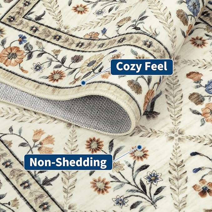 Floral Washable Entryway Rug Non-Slip 2x3 Front Door Mat Vintage Low-Pile Small Area Rugs Soft Non-Slip Indoor Stain Resistant Entry Mat for Entrance Bedroom Bathroom Beige