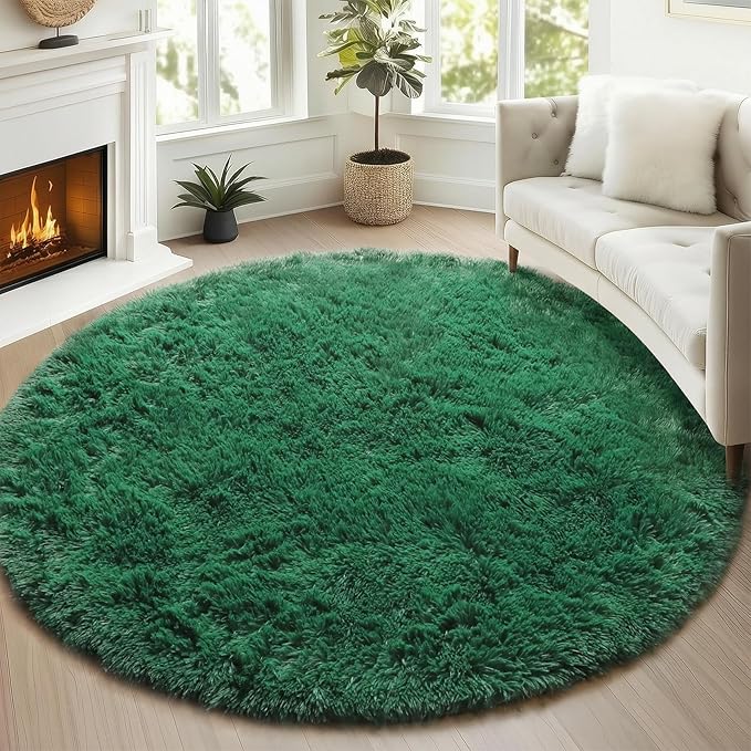 ONASAR Dark Green Round Area Rug 4ft, Soft Bedroom Circle Rugs for Kids Girls Teen Room, Cute Furry Plush Shaggy Carpet for Baby Nursery Living Room Playroom Dorm Christmas Home Decor