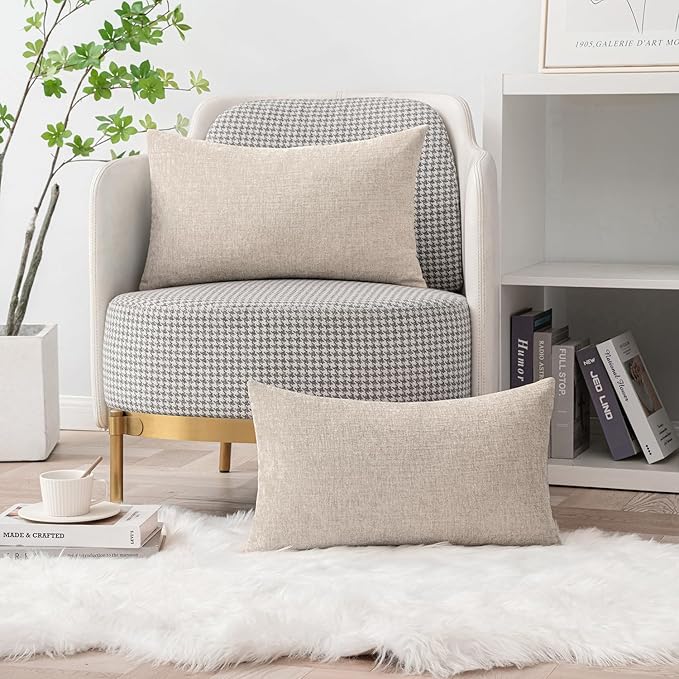 MIULEE Pack of 2 Couch Throw Pillow Covers 12x20 Inch Soft Light Brown Chenille Lumbar Pillow Covers for Sofa Living Room Solid Dyed Cases