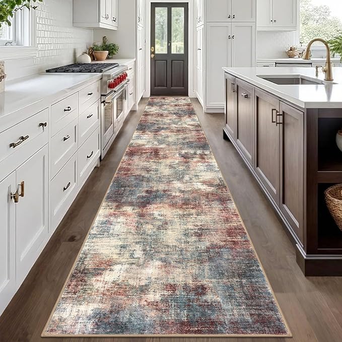 IOHOUZE Abstract Runner Rug 3x20 Ft Extra Long Washable Runners for Hallways, Non Slip Kitchen Runner Printed Faux Wool Entryway Runner Indoor, Modern Abstract Floor Carpet for Hall Stair, Red/Multi