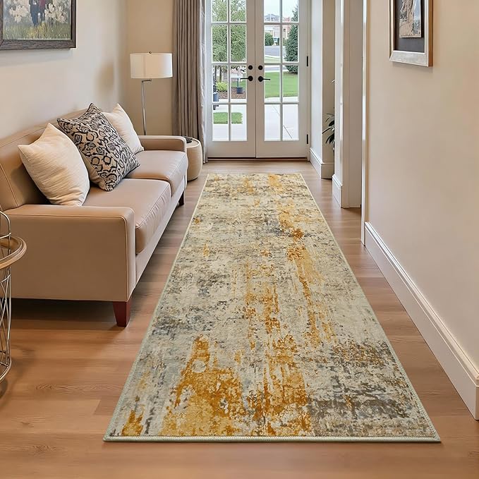 Runner Rug for Kitchen Beige Hallways Runner Rug Non Slip 2'6''x8' Washable Long Runner Rugs with Rubber Backing Soft Abstract Carpet Runner for Entryway, Kitchen, Bedroom, Bathroom