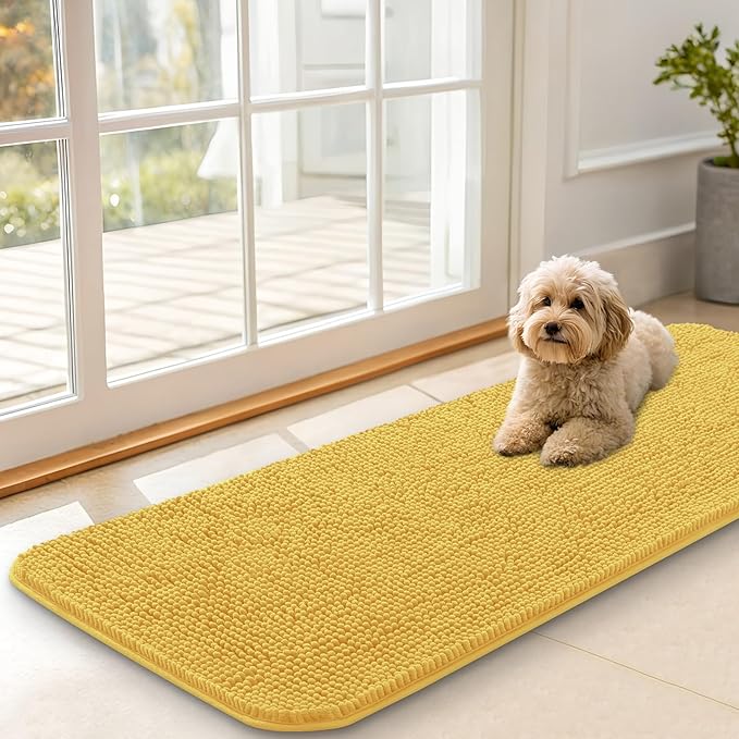 OLANLY Dog Door Mat for Muddy Paws 47x17, Absorbs Moisture and Dirt, Absorbent Non-Slip Washable Doormat, Quick Dry Chenille Mud Mat for Dogs, Entry Indoor Entryway Carpet for Inside Floor, Yellow