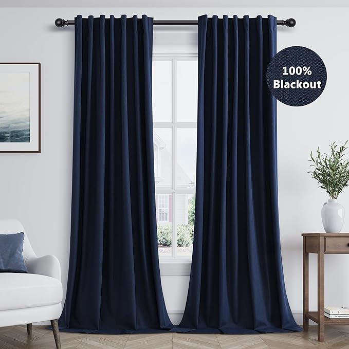 Guken Navy Blue 100% Blackout Curtains 96 Inch Length 2 Panels Set for Living Room Bedroom Back Tab Thermal Insulated Black Out Linen Drapes Room Darkening Window Curtains 96 Inches Long