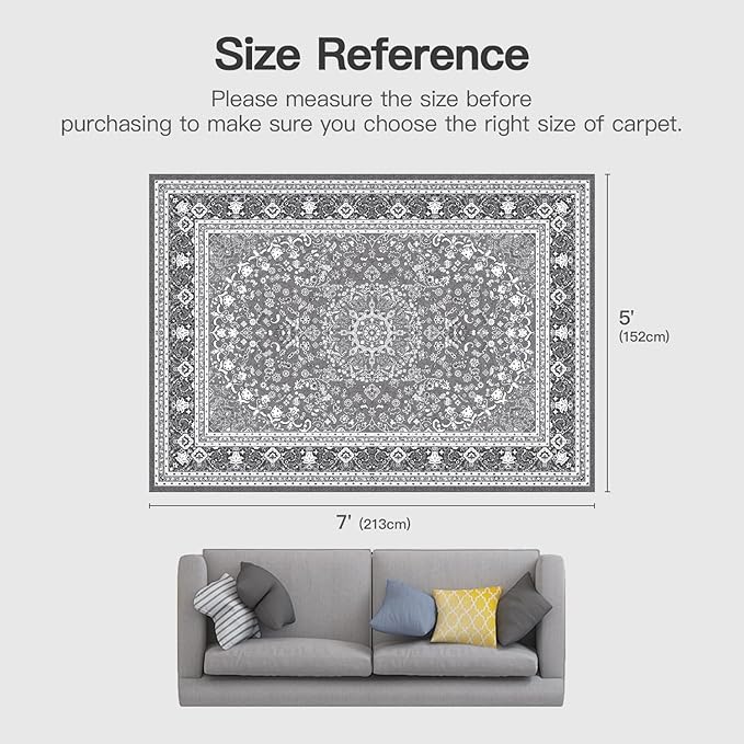 Lofus 5x7 Area Rugs for Living Room, Machine Washable Non-Slip Area Rug, Low Pile Large Rugs for Bedroom, Kitchen, Dining Room, Home Office, Vintage Oriental Print Rug, Light Grey with White