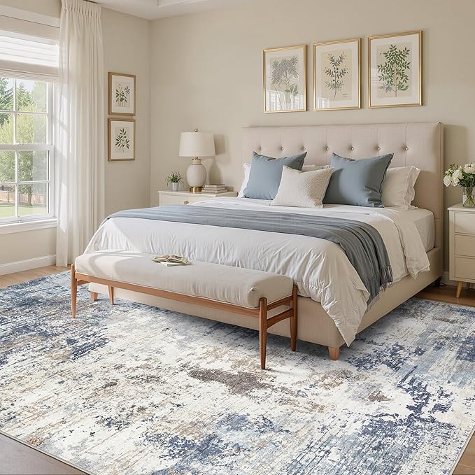 UERMEI 8x10 Area Rug Living Room Rugs Thickened - Washable Neutral Modern Abstract Soft Rug Indoor Floor No Slip Rug Carpet for Bedroom Under Dining Table Home Office Decor - Denim Blue