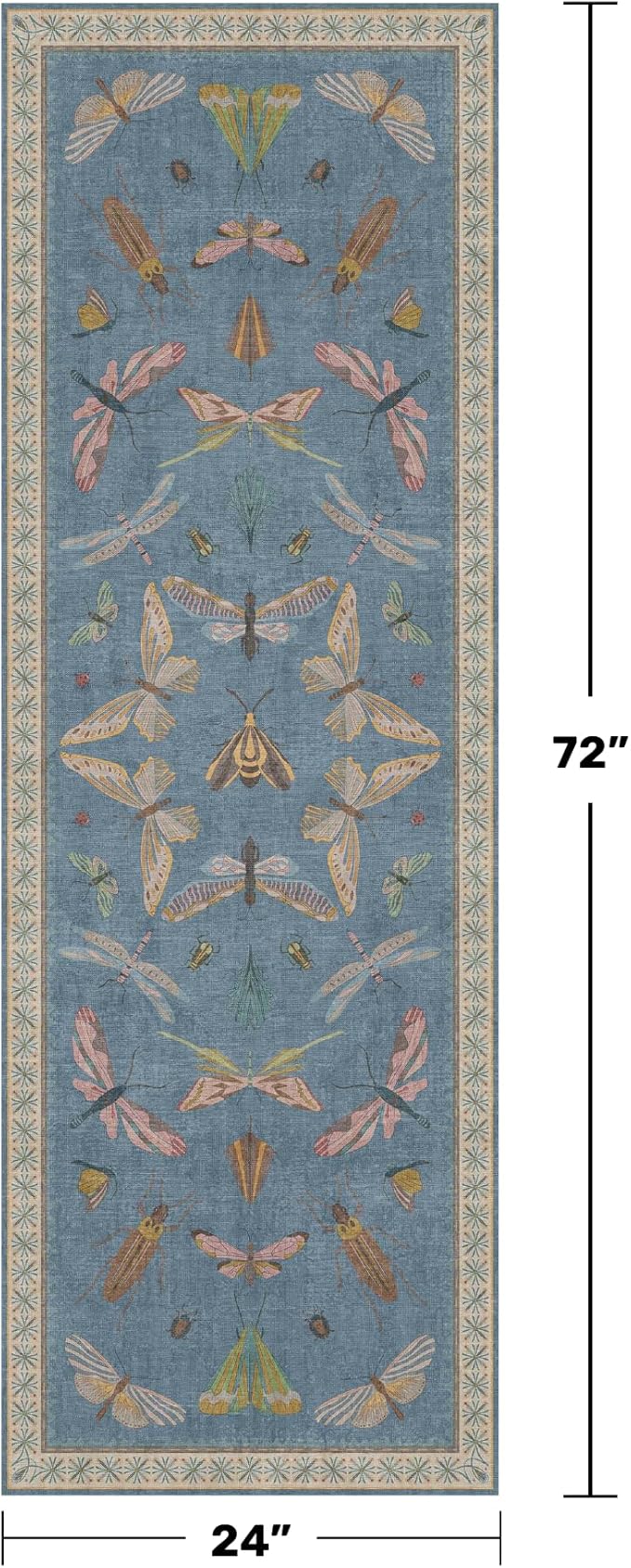 Hazo Haus Boho Non Slip Kitchen Rug Runner - 2x6 Blue Washable Rug for Bathroom, Laundry Room, Hallway, Non Slip with Rubber Backing, Insect Print Unique Runner