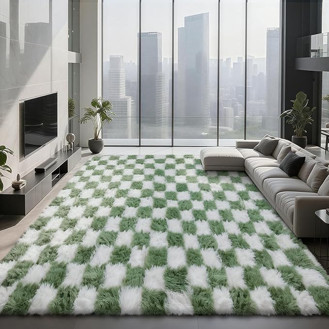 Large Area Rugs for Living Room Bedroom,9x12 Green and White Fluffy Soft Checkered Rug Fuzzy Shag Shaggy Carpet, Indoor Plush Floor Rugs for Kids Boys Girls Teen Dorm Nursery Home Decor