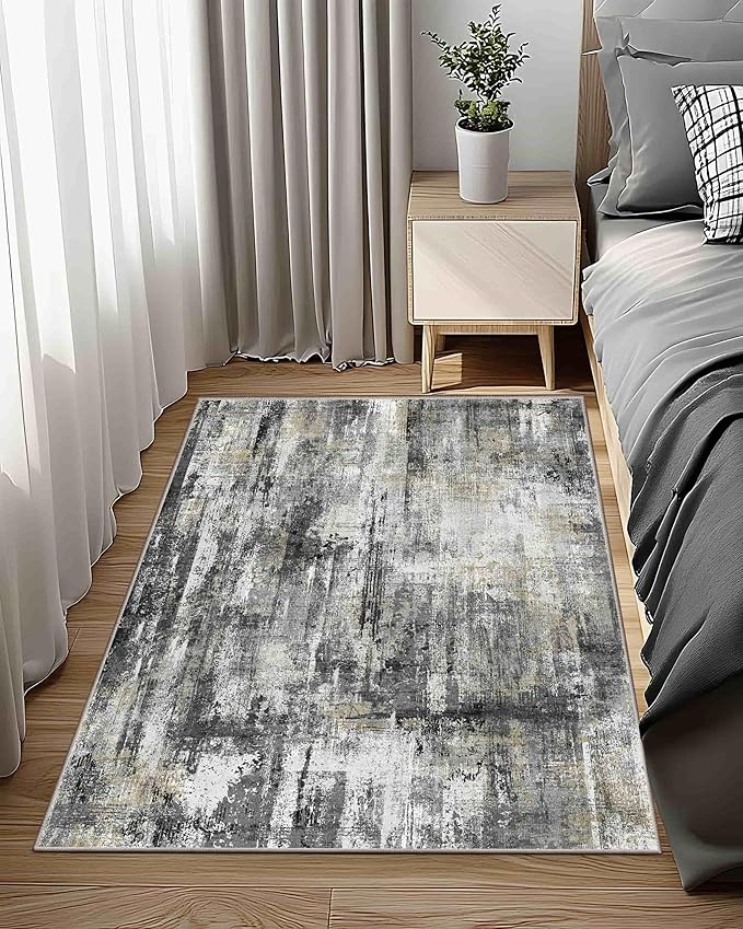 Latte&Fog 3x5 Entryway Rug, Vintage Washable Area Rug, Boho Non Slip Low Pile Throw Carpet for Indoor Bedroom Bedside, Kitchen, Entry and Living Room - Black Gold