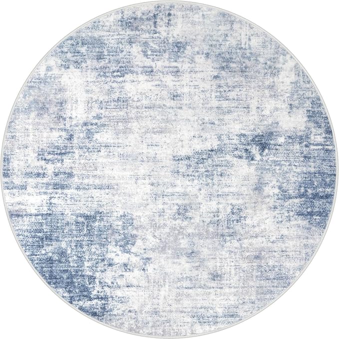 IOHOUZE Abstract Round Area Rug 8 Ft Washable Circle Rugs Large Round Rug Non Slip Thin Soft Circle Rugs, Printed Faux Wool Floor Carpet for Bedroom Living Room Dining Room Nursery, Light Blue Grey