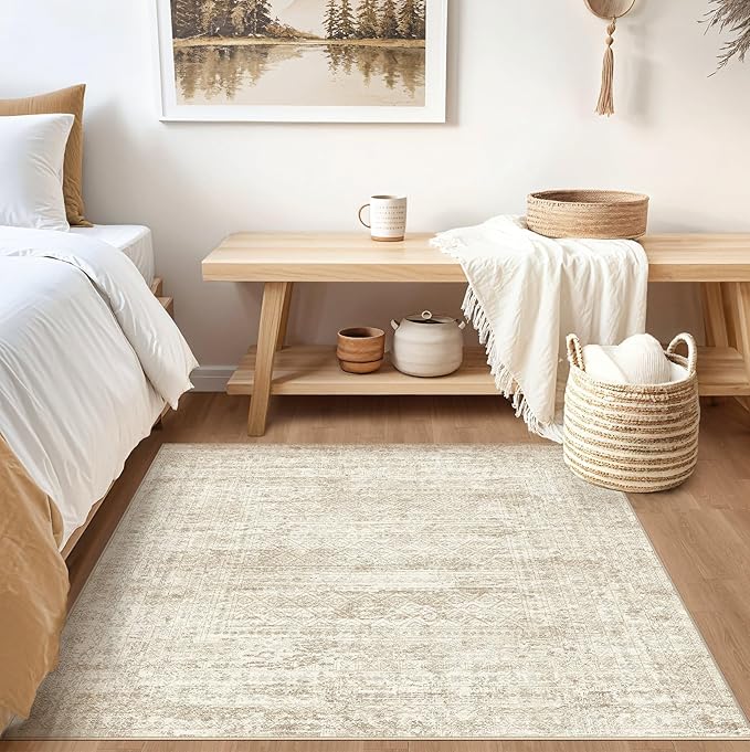 UERMEI Square Area Rugs : Washable 5x5 Neutral Modern Abstract Carpet for Living Room Bedroom - Soft Floor Mat with Non Slip Backing for Kitchen Nursery Dorms Farmhouse Home Decor - Beige/Brown