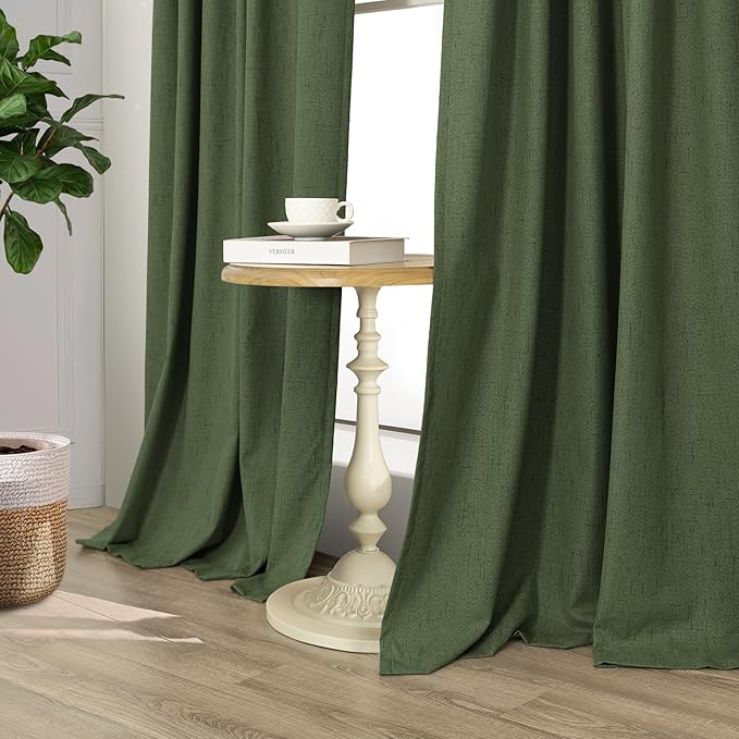 Olive Green Blackout Curtains for Bedroom 96 Inches Long Floor Length 2 Panel Vintage Earth Tone Earthy Academia Dark Out Curtain for Sliding Doors Living Room Darkening Thermal Linen Drape Army Green