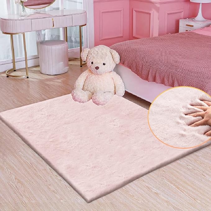 ORINOVA Pink Faux Fluffy Rabbit Fur Rug for Living Room Shag Washable Rug Area Rugs for Bedroom 3x5 Nursery Rugs