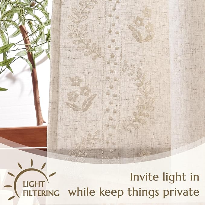 jinchan Belrose Lined Linen Blend Curtains Boho Floral Curtains for Bedroom 84 Inch Length Ivory Embroidered Drapes Rod Pocket Farmhouse Flower Drapes for Living Room Window Treatments Set 2 Panels