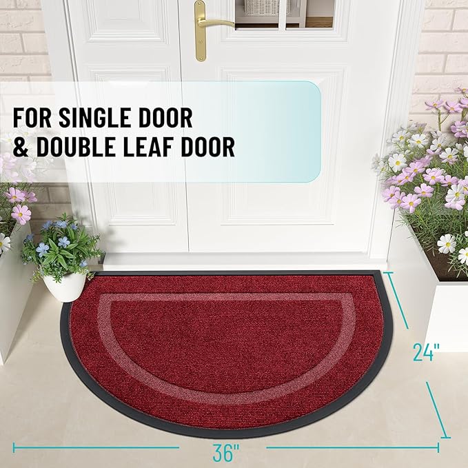 OLANLY Half Circle Door Mat Indoor Outdoor Entrance Welcome, Waterproof All-Season, All-Weather Doormat, Sturdy Natural Rubber, Low Profile, Easy Clean Patio Porch Entryway Mat, 36x24, Wine Red