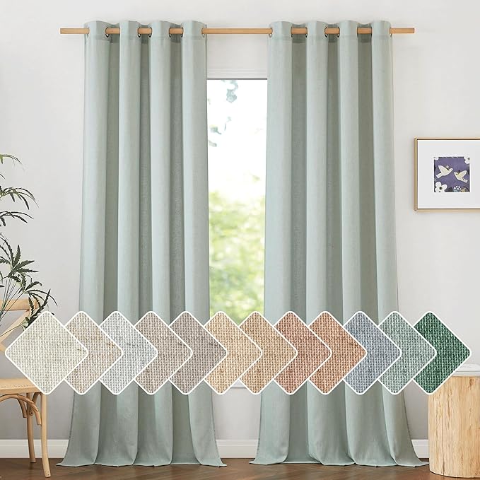 NICETOWN Flax Linen Sage Green 108 inch Curtains, Grommet Thick Linen Blend Textured Privacy Added with Light Filtering Window Treatment for Bedroom/Living Room, W55 x L108, 2 Panels