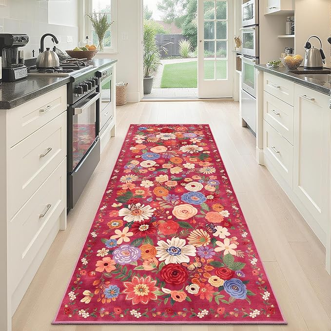 Rug for Hallways Kitchen Rug 2x6, Non Slip Washable Rugs with Rubber Backing Soft Floral Carpet Runner for Hallways, Kitchen, Laundry, Bedroom, Bathroom (2 x 6, Red Garden)