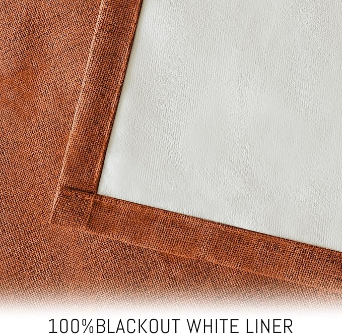 Yakamok Burnt Orange Linen Curtains 100% Blackout 90 Inches Long,Room Darkening Textured Curtains for Living Room Thermal Grommet Bedroom Curtains 2 Panels with White Liner