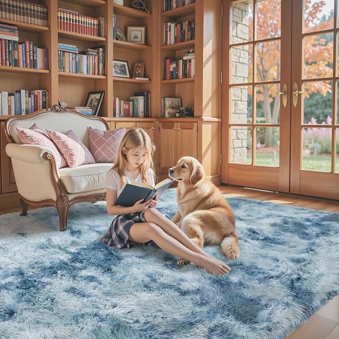 Area Rugs 9x12 Living Room, Large Area Rug Shag Shaggy Carpet Soft Plush Furry Bedside Rug, Machine Washable Area Rugs for Bedroom Kids Girls Boys Anti Slip(9 x 12, Dark Blue Tie-Dyed)