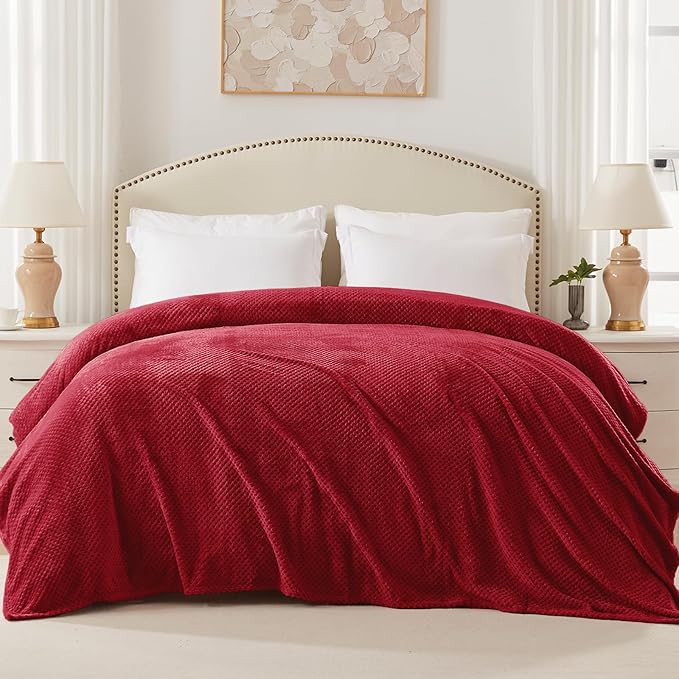 Exclusivo Mezcla Fleece Bed Blanket King Size, Super Soft and Warm Blankets for Couch, Sofa and Bed Waffle Textured, Cozy, Fuzzy and Lightweight (Deep Red, 90x104 Inches)