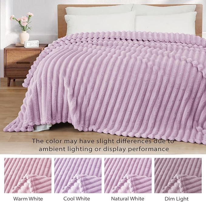 Exclusivo Mezcla Queen Size Flannel Fleece Blanket, Super Soft Striped Jacquard Bed Blanket, Lightweight Fuzzy Cozy for All Seasons, 90x90 Inches, Lilac Purple