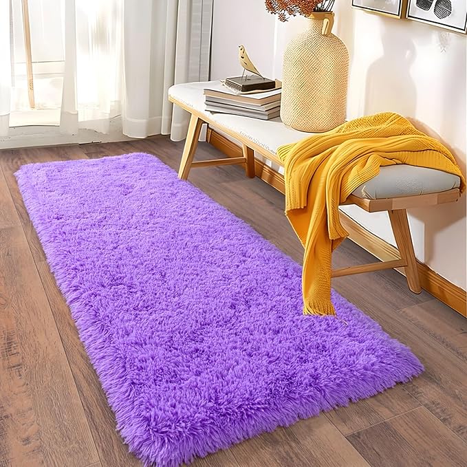 Ultra Soft Runner Rugs for Bedroom Hallways with Upgraded Non-Slip Rubber Backing & Thick Memory Sponge, 2x8 Feet Fluffy Shag Throw Area Rug for Bedside Dorm Light Purple