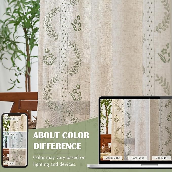 jinchan Belrose Linen Curtains for Bedroom Floral Curtains 96 Inch Length Linen Blend Sage Green Embroidered Drapes Farmhouse Flower Patterned Drapes for Living Room Window Treatments Set 2 Panels