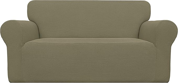 Easy-Going Stretch Loveseat Slipcover 1-Piece Sofa Cover Furniture Protector Couch Soft with Elastic Bottom for Kids Polyester Spandex Jacquard Fabric Small Checks (Loveseat, Khaki)