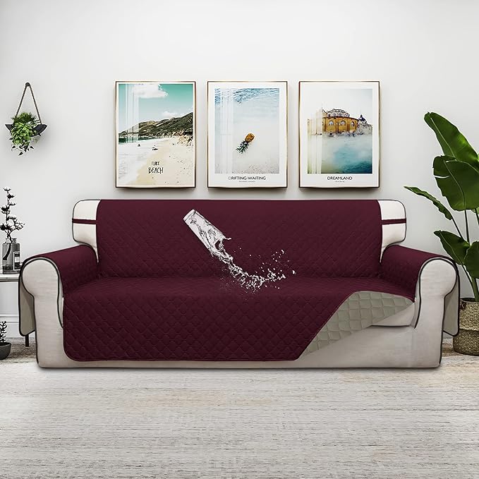 ISSUNTEX Double Protection 100% Waterproof Sofa Covers for Living Room, Couch Covers for 3 Cushion Couch Sofa, Reversible Furniture Protector Sofa Cover for Dogs, Pets, Kids (Sofa, Wine/Beige)