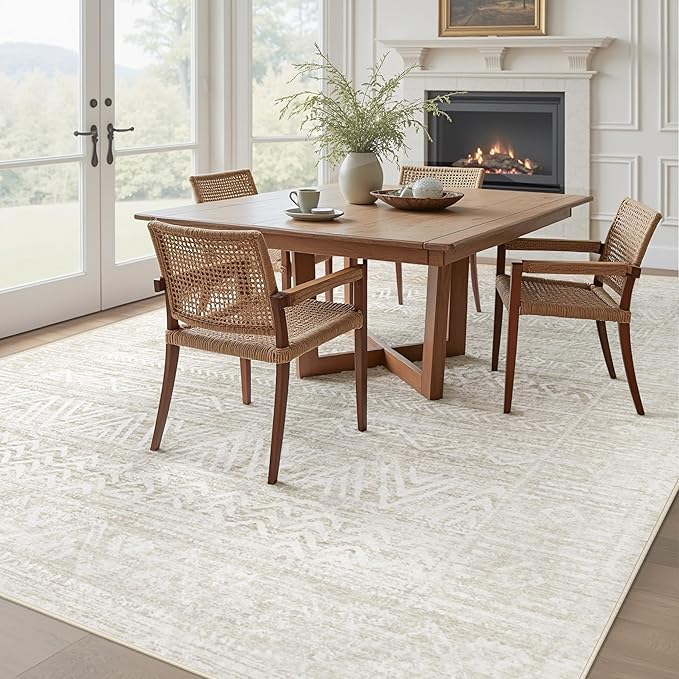 Living Room Rugs 8x10: Washable Moroccan Geometric Boho Rug Farmhouse Non Slip Stain Resistant Large Rug Low Pile Soft Carpet for Bedroom Dining Room Kids Room (Ivory Beige,8'x10')