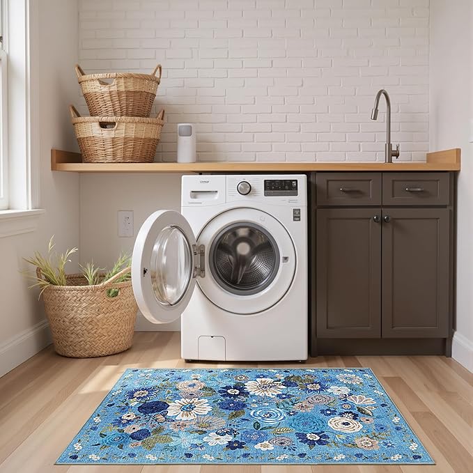 2x4 Entryway Runner Rugs, Non Slip Washable Rugs with Rubber Backing Soft Floral Carpet Runner for Kitchen, Laundry, Bedroom, Bathroom(2 x 4, Blue Garden)
