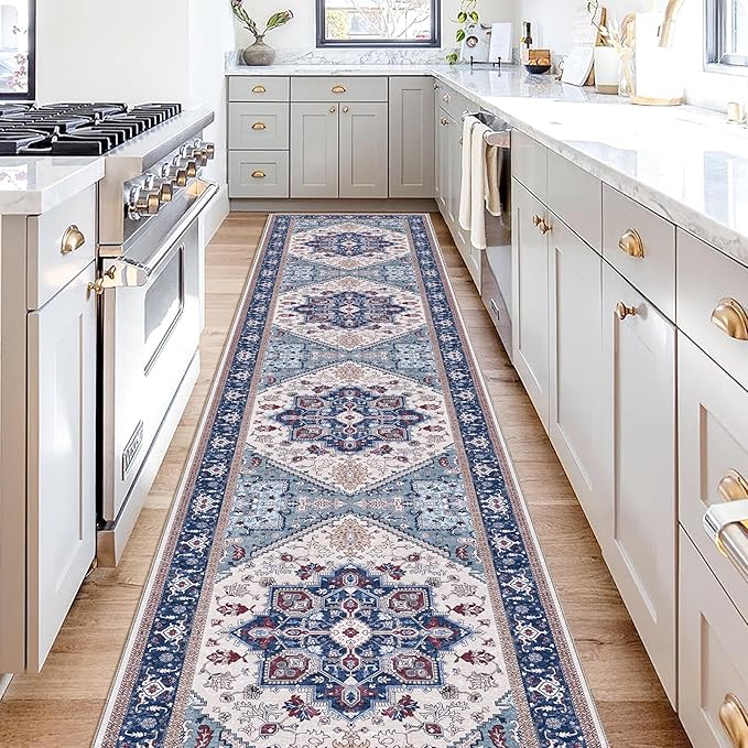 OPPODREAM Soft Entryway Rug 2x10, 2x10 Rug Runner, Washable Hallways Carpet 2 x 10 with Non Slip Backing, Low-Pile Bedside Carpet 2 x 10, Long, Faux Cashmere, Navy Blue & Red & Cream