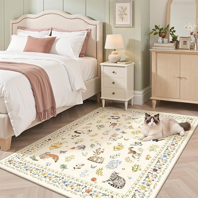 Cat 4x6 Area Rugs, Machine Washable Animal Floral Accent Rug Non-Slip Low Pile Soft Throw Rugs for Entryway Kitchen Bedside Living Room Bedroom Nursery Playroom (4 x 6,Beige)