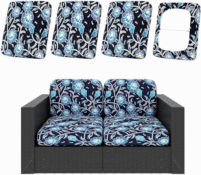 hyha 4Pcs Patio Cushion Covers, Stretch Outdoor Couch Cushion Covers Replacement, Washable Outdoor Chair/Sofa Slipcovers for Patio Furniture Cushions Protector with Elastic Bottom(Bluebell,Cover Only)